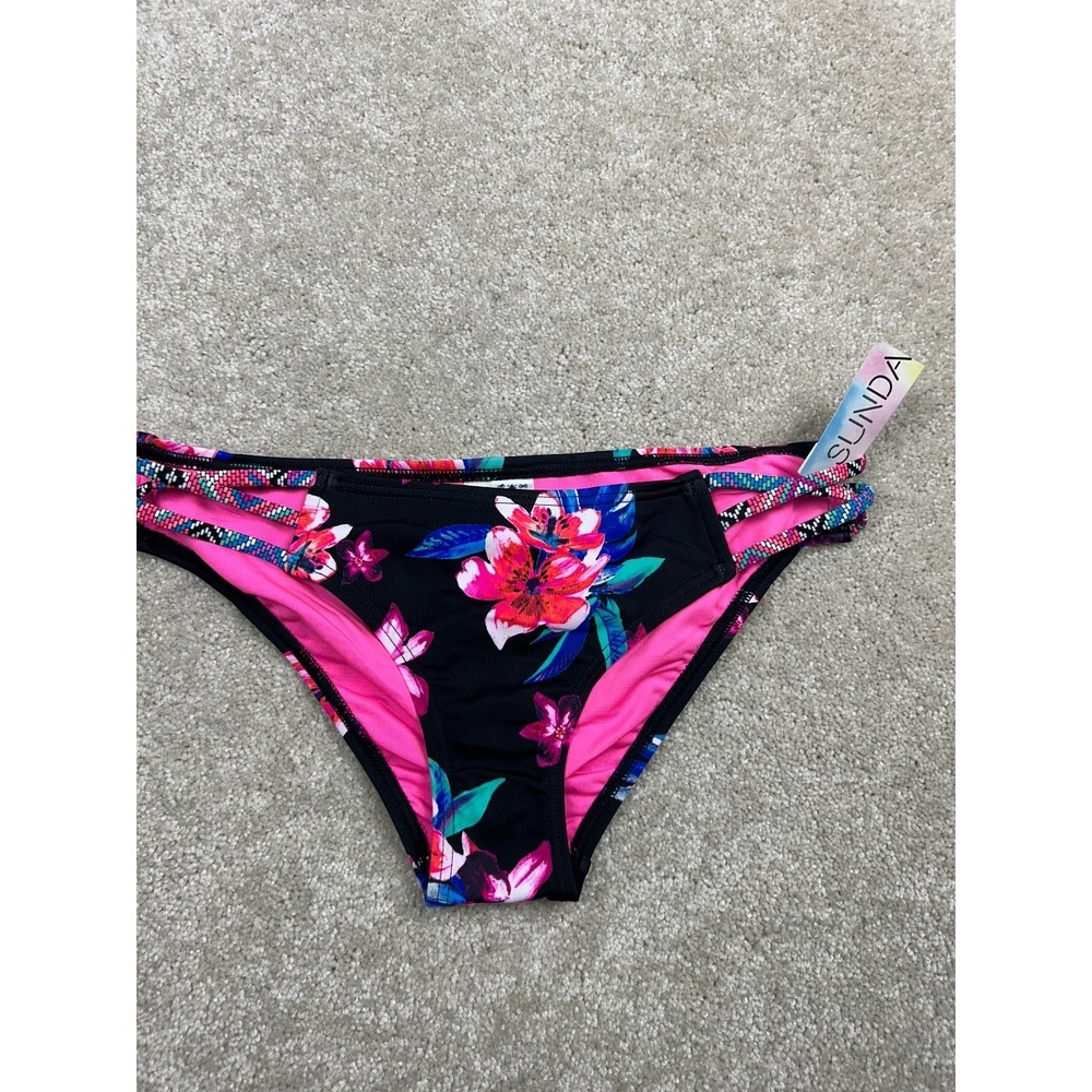 SUNDAZED Women's Black Floral Pink Bikini Bottom Multi Strap Size S Nylon